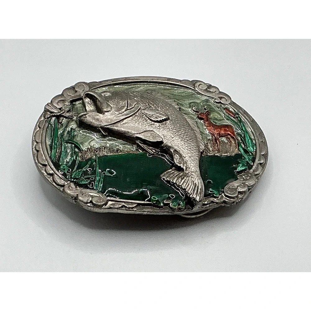 Vintage 1986 CJ Inc Largemouth Bass Deer Belt Buckle CJ 1038 Made in USA‎ Enamel